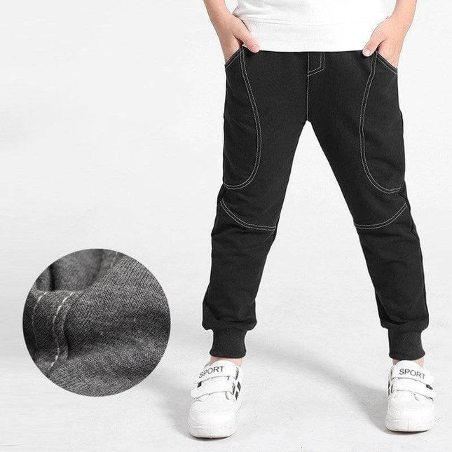 Boys' Sports Trousers Korean Style For Casual Everyday Wear - black full-length casual trousers with contrast stitching and cuffed ankles
