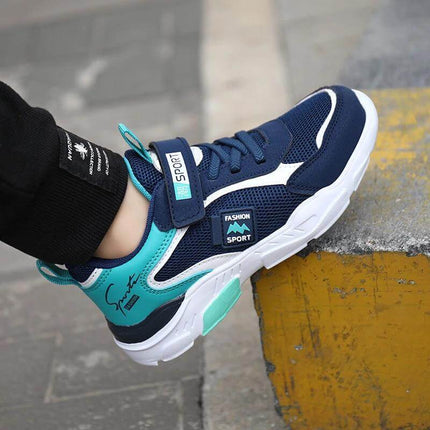 Mesh Breathable Boys' Sneakers Velcro For Everyday Wear navy teal mesh boys sneaker with Velcro strap on curb