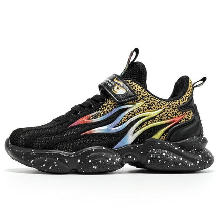Boys Mesh Sneakers Anti Slip Sole For Everyday Play - black breathable textile+TPU with colorful flame accents and speckled anti-slip rubber outsole