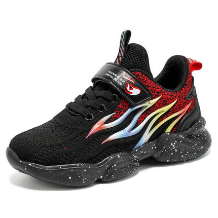 Boys Mesh Sneakers Anti Slip Sole For Everyday Play - black red breathable mesh shoe with flame design and anti-slip speckled sole