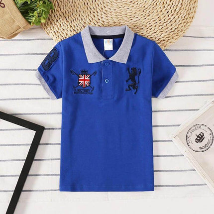 Polo Shirt For Boys Size 100 To 140 Cm Everyday Wear - blue Korean-cut polo with grey collar for 3–8 years, school and casual activities