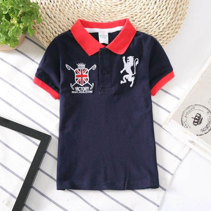 Polo Shirt For Boys Size 100 To 140 Cm Everyday Wear - navy polo with red collar and embroidered crest, Korean-cut casual school shirt for ages 3–8