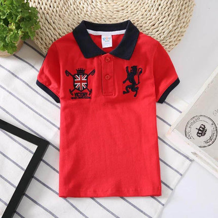 Polo Shirt For Boys Size 100 To 140 Cm Everyday Wear - red Korean-cut kids polo with navy collar, embroidered crest and lion for ages 3–8, school and casual wear