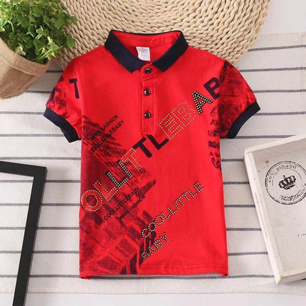 Kids Shirt For Boys Short Sleeve Size 3 To 8 Years - red cotton short-sleeve polo with navy collar, breathable 95% cotton for school and play