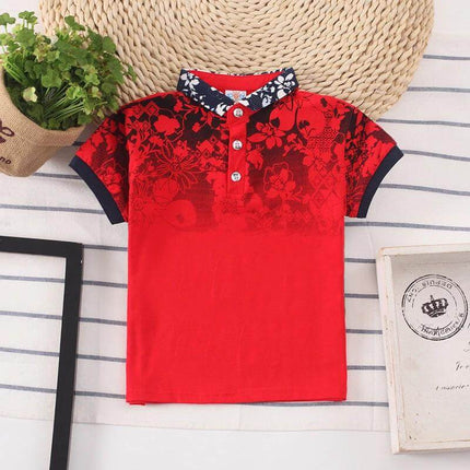 Kids Shirt For Boys Short Sleeve Size 3 To 8 Years - red floral cotton blend polo, breathable soft finish for school and play