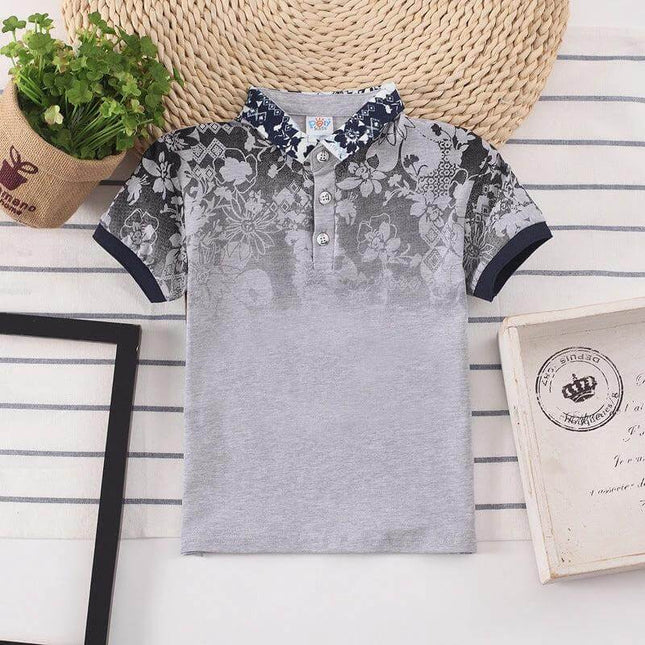 Kids Shirt For Boys Short Sleeve Size 3 To 8 Years - grey floral cotton polo, breathable 95% cotton, soft finish for school and play
