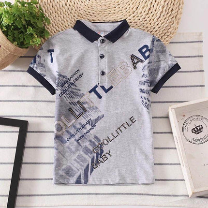 Kids Shirt For Boys Short Sleeve Size 3 To 8 Years grey polo with navy collar, soft 95% cotton breathable tee for school and play