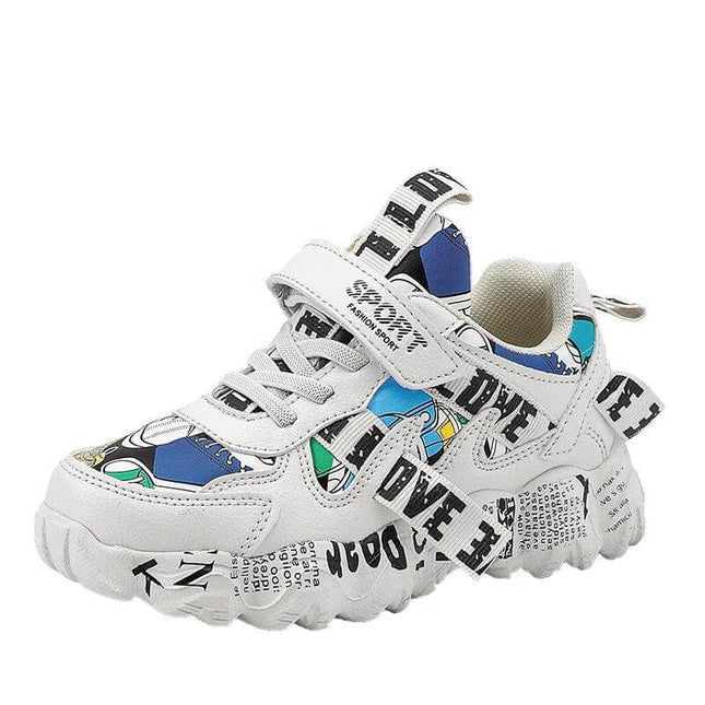 Spring Sneakers Kids Velcro Shoes For Boys Everyday Play white blue graphic velcro sneaker with chunky rubber sole for school and playground