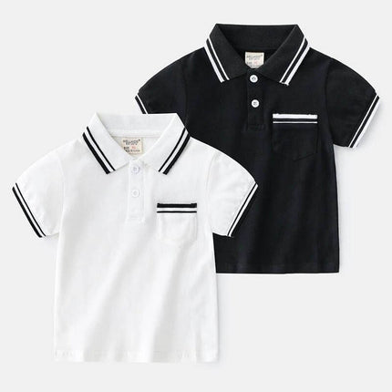 Boys' Summer Polo Shirt, Short-Sleeve Casual Tee For Everyday Wear - white and black striped collar pocket polos for active summer play