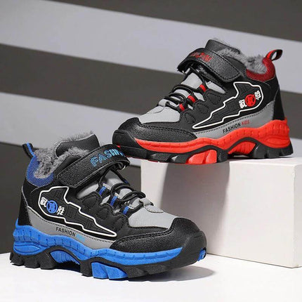 Boys Tide Running Sneakers Black Red For Everyday Play - black and red boys sneaker with Velcro strap, synthetic leather upper for school and active play