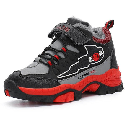 Boys Tide Running Sneakers Black Red For Everyday Play - black/red synthetic leather kids sneaker with Velcro strap