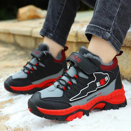 Boys Tide Running Sneakers Black Red For Everyday Play – durable synthetic leather shoes with Velcro strap for school, gym class, and active weekends