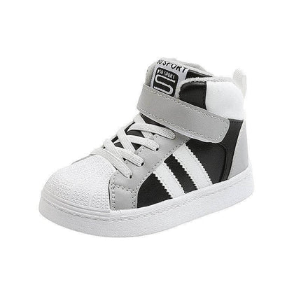 Boys Velcro Casual Sports Shoes With Warm Velvet Lining - black & white PU leather kids shoe with rubber sole, slip-resistant sole and easy Velcro closure