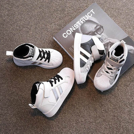 Boys Velcro Casual Sports Shoes With Warm Velvet Lining white PU leather high-top kids shoes with rubber sole and Velcro closure for cool weather