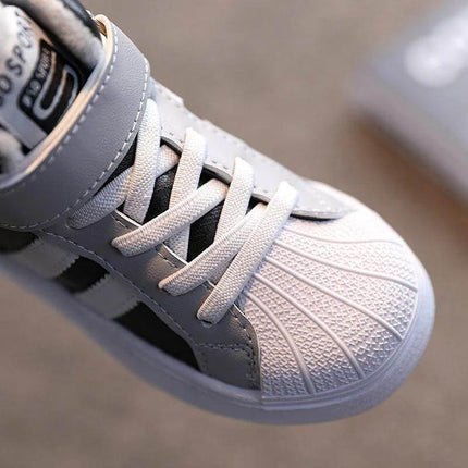 Boys Velcro Casual Sports Shoes With Warm Velvet Lining in grey PU leather with rubber sole, slip-resistant toe and easy Velcro closure for kids