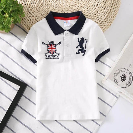 Polo Shirt For Boys Size 100 To 140 Cm Everyday Wear - white Korean-cut polo with navy collar, lion and crest embroidery, sizes 100–140 cm for ages 3–8