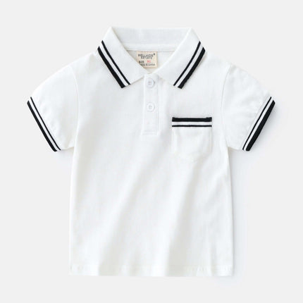 Boys' Summer Polo Shirt, Short-Sleeve Casual Tee For Everyday Wear - white cotton polo with contrast striped collar and pocket