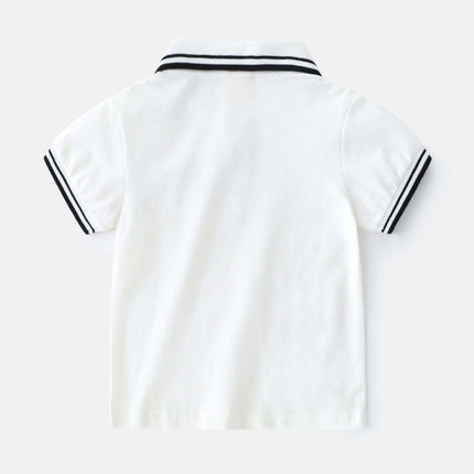 Boys' Summer Polo Shirt, Short-Sleeve Casual Tee For Everyday Wear - white cotton polo with contrast striped collar and sleeve trim