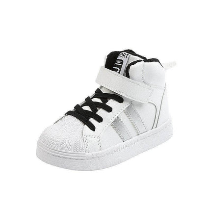Boys Velcro Casual Sports Shoes With Warm Velvet Lining in white PU leather with rubber sole and easy Velcro closure