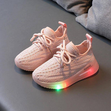 Breathable Knit Light-Up Sneakers For Kids - pink breathable knit kids sneakers with lace-up design and glowing multicolor light-up PVC sole