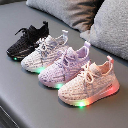 Breathable Knit Light-Up Sneakers For Kids in gray black pink and purple with breathable knit upper and glowing PVC sole
