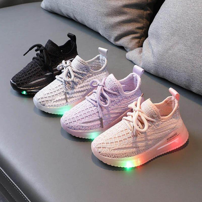 Breathable Knit Light-Up Sneakers For Kids in gray black pink and purple with breathable knit upper and glowing PVC sole