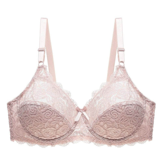 Lace Bra Breathable for Everyday Wear and Comfort Fit - light pink lace bra with breathable lining, delicate scalloped edges and adjustable straps
