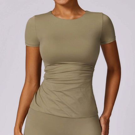 Breathable Tight Yoga Short Sleeve T Shirt For Running And Fitness - olive nylon short-sleeve tee, hip-length fit, moisture-wicking activewear