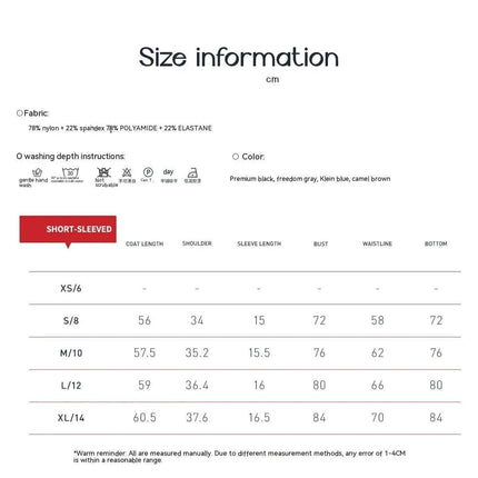 Breathable Tight Yoga Short Sleeve T Shirt For Running And Fitness size chart showing measurements for XS S M L XL in cm and fabric care