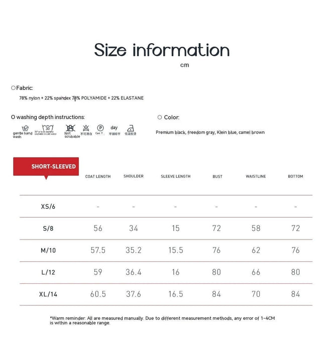 Breathable Tight Yoga Short Sleeve T Shirt For Running And Fitness size chart showing measurements for XS S M L XL in cm and fabric care
