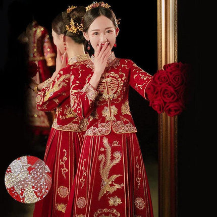 Bridal Slimming Dress Chinese Wedding Attire Size XL - red polyester traditional qipao with gold embroidery and bouquet