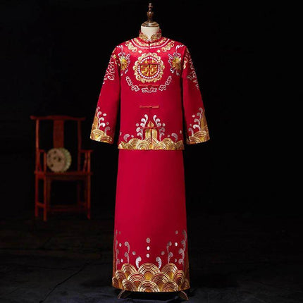 Bridal Slimming Dress Chinese Wedding Attire Size XL traditional red polyester qipao with stand-up collar and gold embroidery