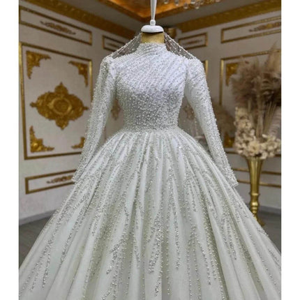 Bride Owner White Wedding Pettiskirt for Bridal Look - long-sleeve high-waist pearl-embellished bridal gown with full skirt and veil option