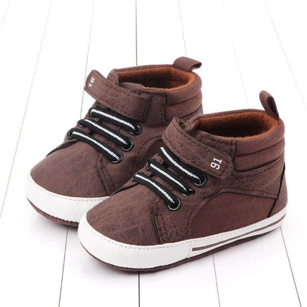 Baby Toddler Shoes High Top Velcro Cotton Slip Resistant brown high-top cotton toddler shoes with velcro strap and slip-resistant rubber sole for early walkers