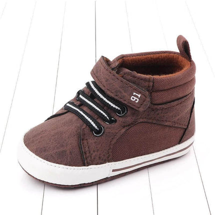 Baby Toddler Shoes High Top Velcro Cotton Slip Resistant brown high-top Velcro cotton sneaker for toddler boys, breathable rubber sole, ankle support