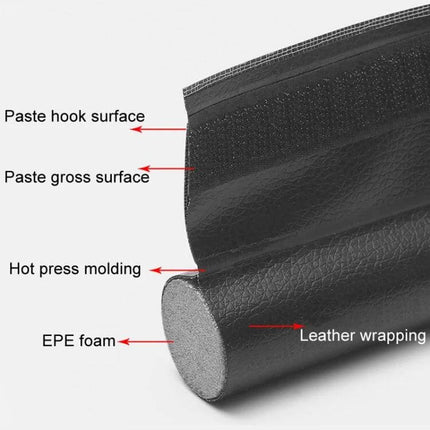 Door Bottom Seal Strip Brown Self Adhesive Gap Sealing for Doors close-up showing EPE foam core, leather wrapping and self-adhesive backing