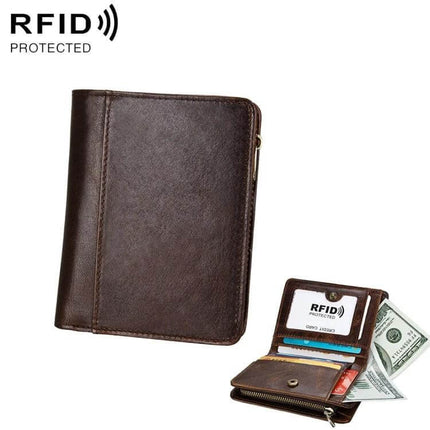 Leather Wallet Antimagnetic RFID For Men Everyday Use - genuine brown leather wallet with metal zipper, card slots, ID window and cash pocket, RFID protected