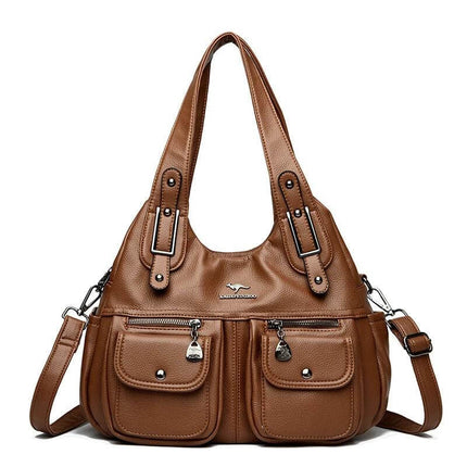 Heart Shaped PU Crossbody Handbag For Everyday Carry - brown PU heart-shaped bag with dual front pockets, three strap options for hands-free daily use