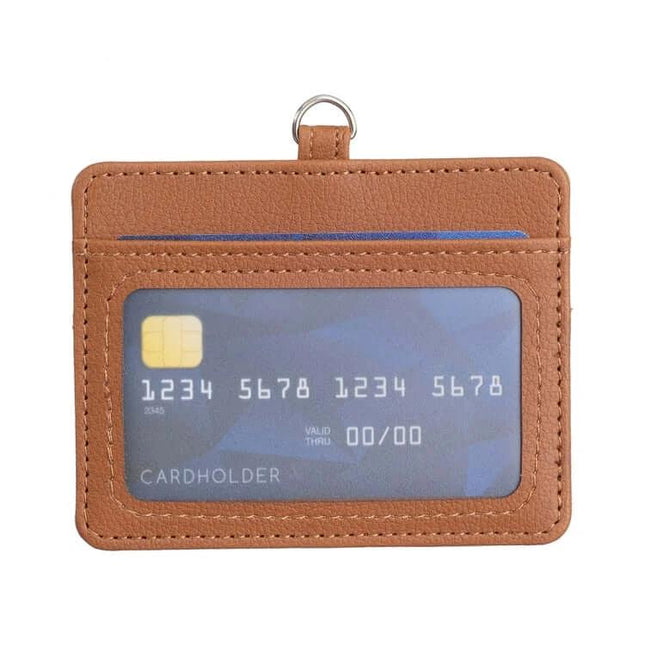 Horizontal ID Card Bag With Lanyard For Work Or School in tan PU leather with clear ID window and multiple card slots