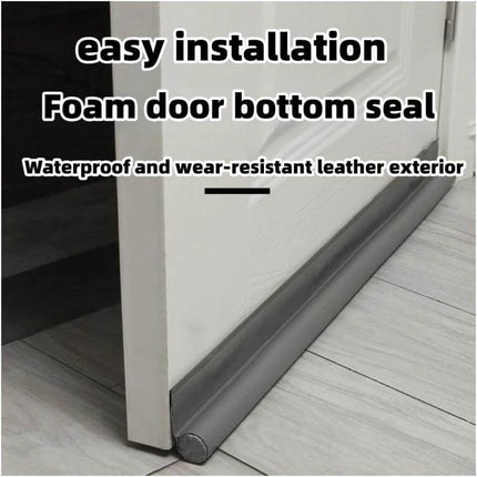 Door Bottom Seal Strip Brown Self Adhesive Gap Sealing for Doors - brown foam door bottom seal shown installed under a white door for draft and dust protection