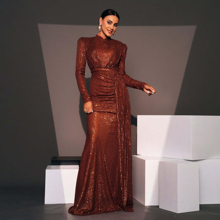 Sequined Banquet Dress Long Sleeve for Evening Events - copper sequin long-sleeve hip-skirt gown for weddings galas and receptions