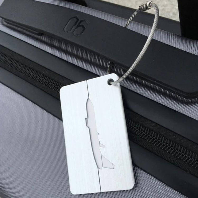 Brushed Aluminum Luggage Tag For Boarding Pass 7.5x4.5 cm - brushed aluminum airplane silhouette tag with steel cable on suitcase