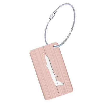 Brushed Aluminum Luggage Tag For Boarding Pass 7.5x4.5 cm - rose gold brushed aluminum with airplane cutout and steel cable ring