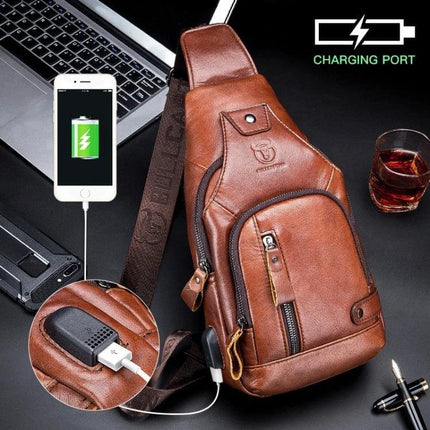Buff Captain Cowhide Messenger Bag For Everyday Outdoor Use with USB charging port, compact 30x16x7 cm brown leather sling bag