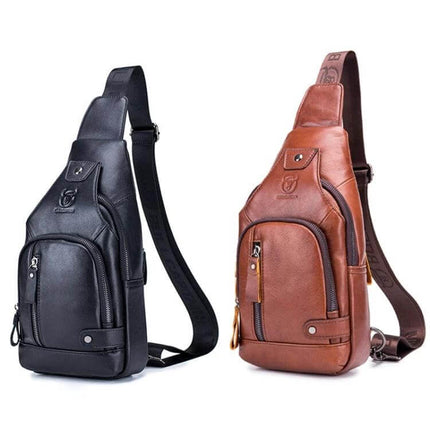 Buff Captain Cowhide Messenger Bag For Everyday Outdoor Use - compact brown and black cowhide sling messenger bag showing front pockets and shoulder strap