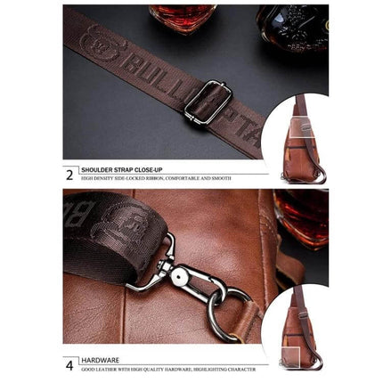 Buff Captain Cowhide Messenger Bag For Everyday Outdoor Use showing close-up brown adjustable shoulder strap and metal clasp on cowhide exterior