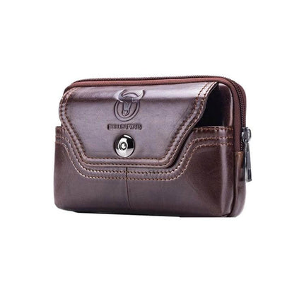 Bull Captain Leather Waist Bag For Men, Brown, Everyday Errands - compact cowhide leather waist bag with magnetic buckle and zip for phone keys documents