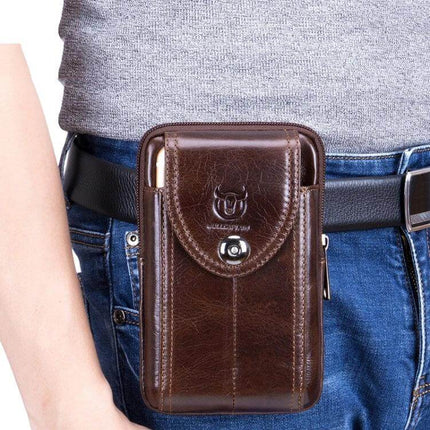 Bull Captain Leather Waist Bag For Men, Brown, Everyday Errands - brown cowhide leather waist bag with magnetic buckle on belt