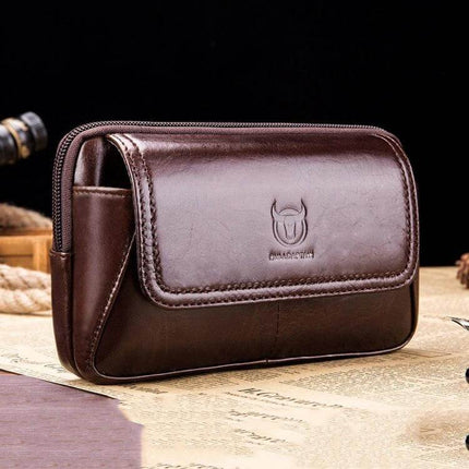 Alt Tag: Bull Captain Leather Waist Bag For Men, Brown, Everyday Errands - compact cowhide leather waist bag with magnetic buckle and soft inner lining