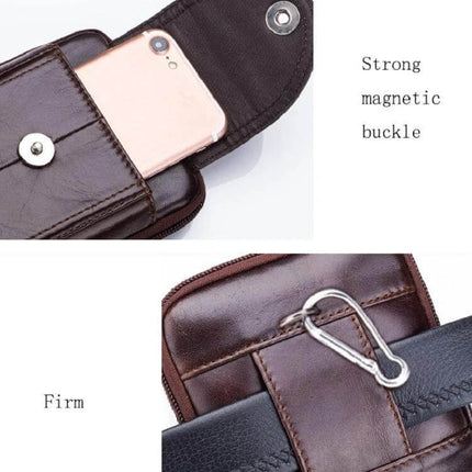 Bull Captain Leather Waist Bag For Men, Brown, Everyday Errands - brown cowhide waist bag with magnetic buckle, phone pocket and belt loop for hands-free errands